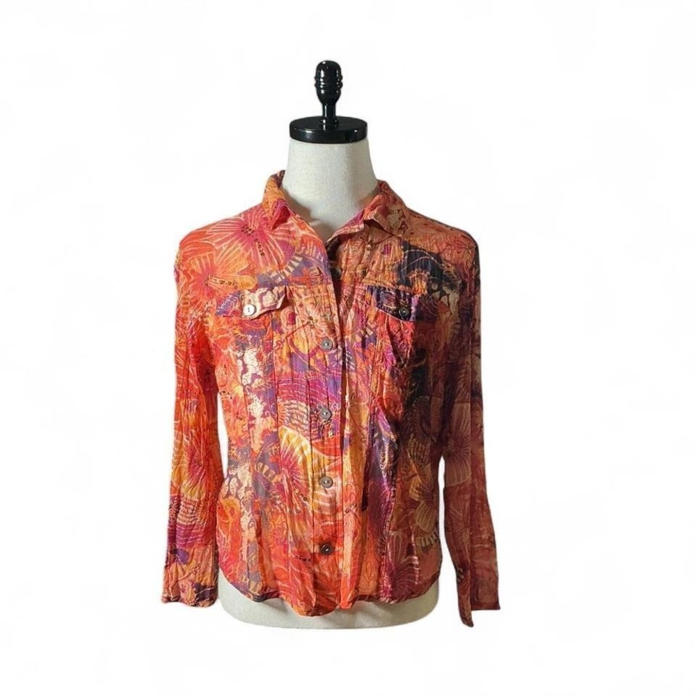 Chicos Luxe Silk Floral Sequins Button Down Shirt Women Size 2 Orange Purple